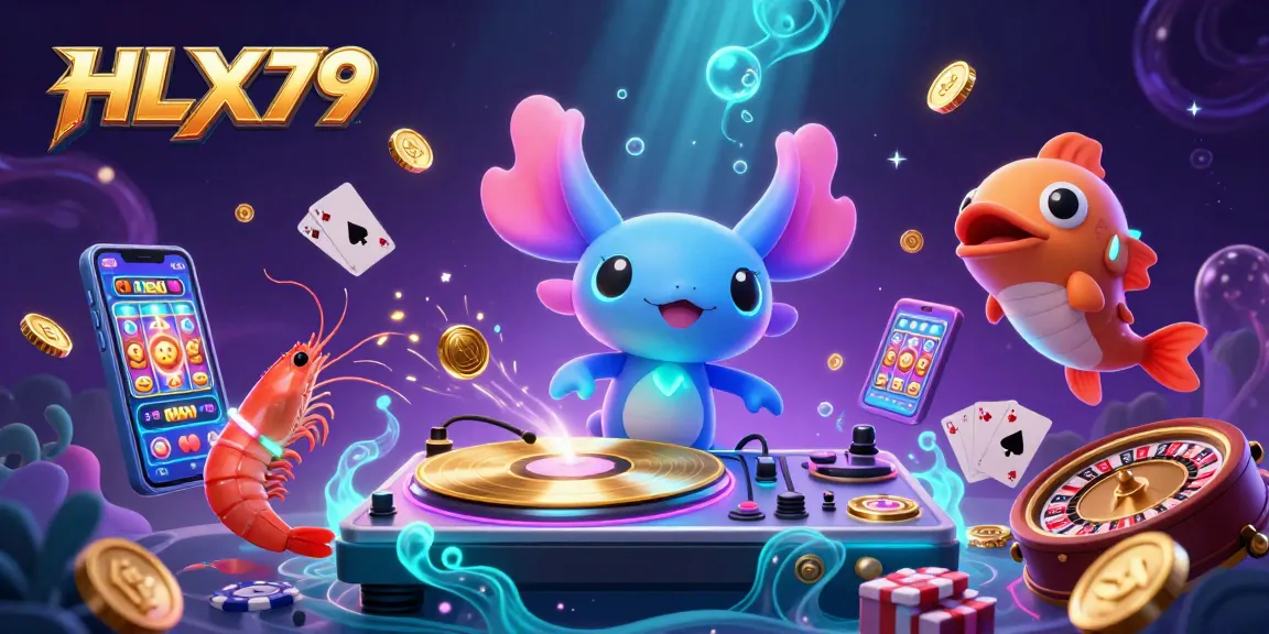 HLX79 captures the excitement of live events as characters dance and spin playing cards amidst vibrant slot games and underwater illumination.