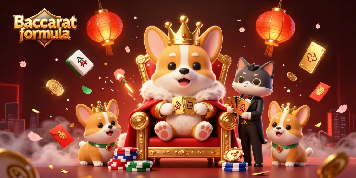 Baccarat formula illustrated with a royal corgi and cat butler amid a vibrant casino setting.