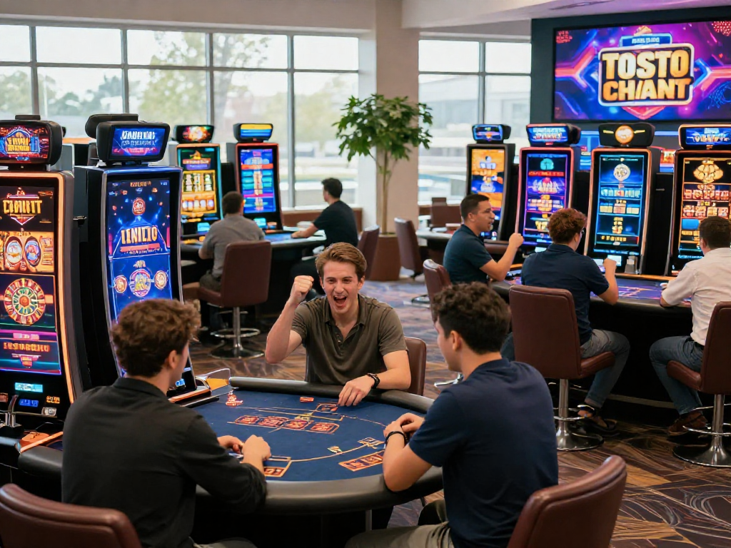 Giocatori nei migliori casino online impegnati in giochi come poker e roulette, atmosfera vivace e invitante.