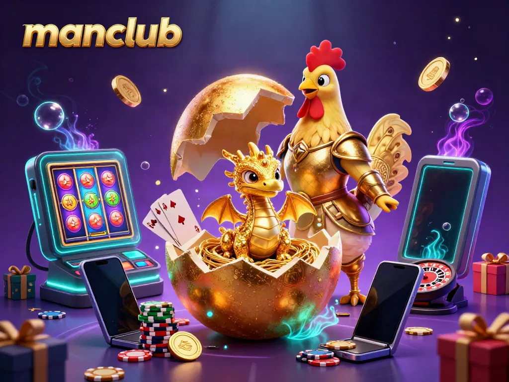 Experience exciting gaming with manclub's golden dragon and poker chips in a vibrant casino illustration.