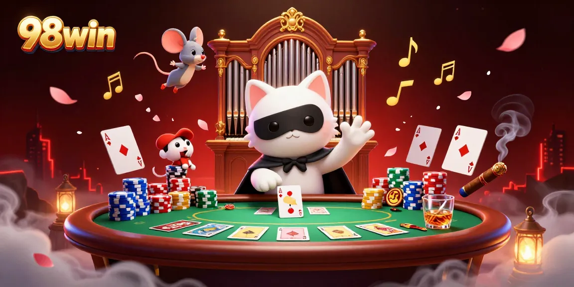 Win big with 98win at an enchanting casino featuring poker and vibrant game elements.
