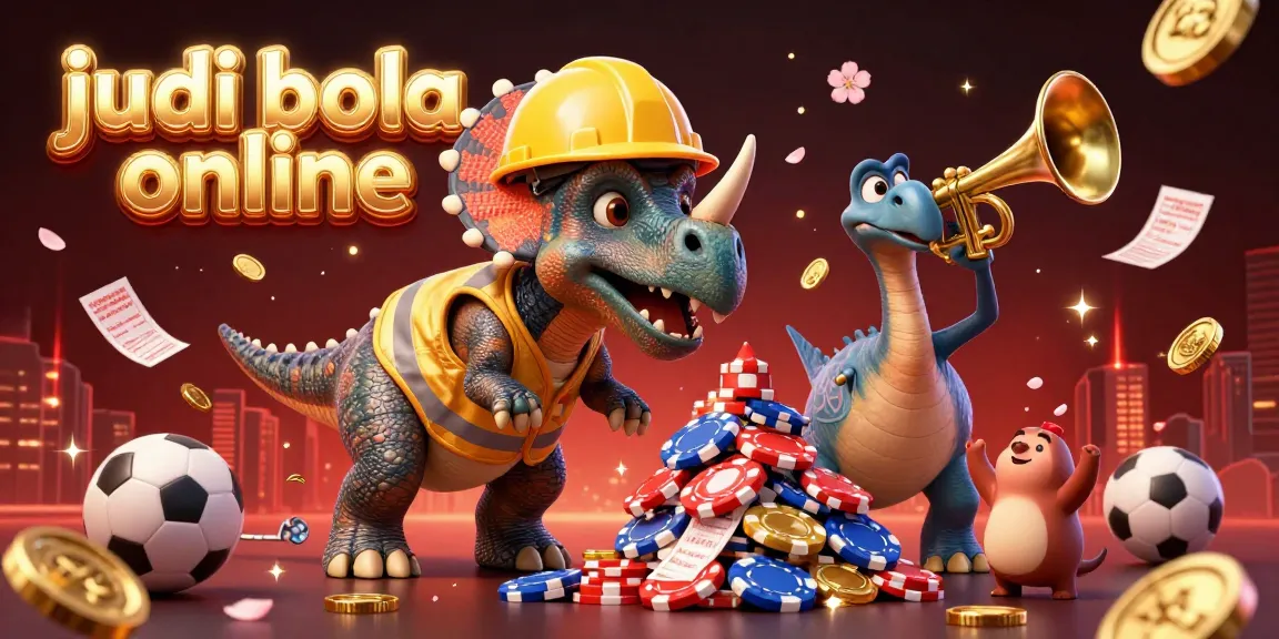 Engage with judi bola online betting excitement as cartoon dinosaurs celebrate with trophies and betting slips.