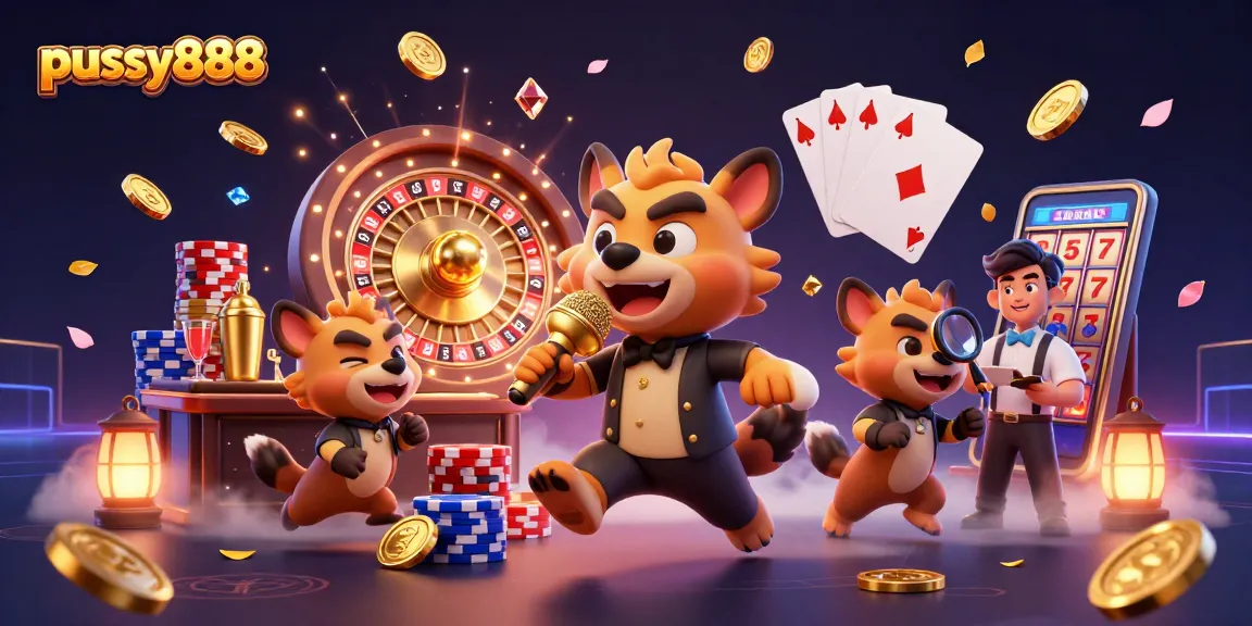 Play exciting slots and jackpot games on pussy888 with vibrant characters in a dynamic casino scene.