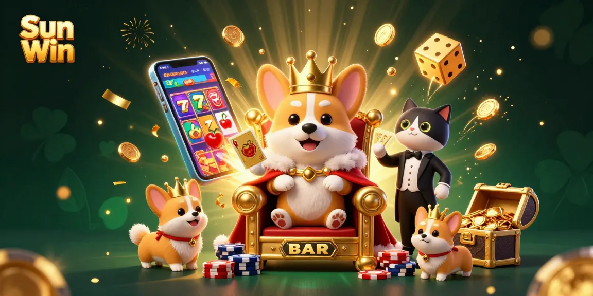 Sun Win's vibrant 3D casino scene bursting with joy, showcasing a royal corgi and dynamic game elements.