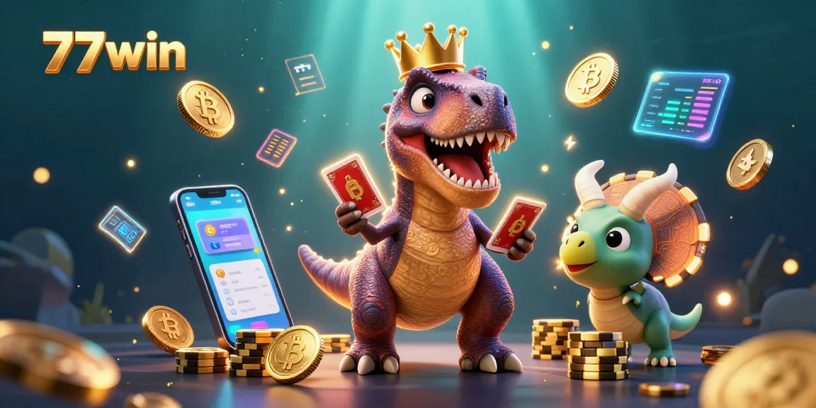 Experience thrilling gameplay at 77win with vibrant T-Rex card shuffling and vivid crypto elements.