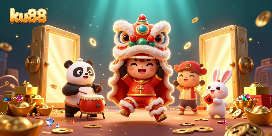 Play exciting games with ku88, featuring a vibrant lion dance scene filled with treasures and festive characters.