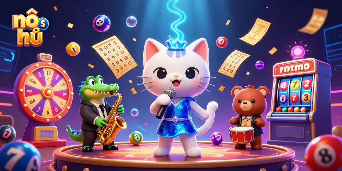 Engage in nổ hũ excitement with a lively casino scene featuring a jazz-singer cat and dynamic game elements.