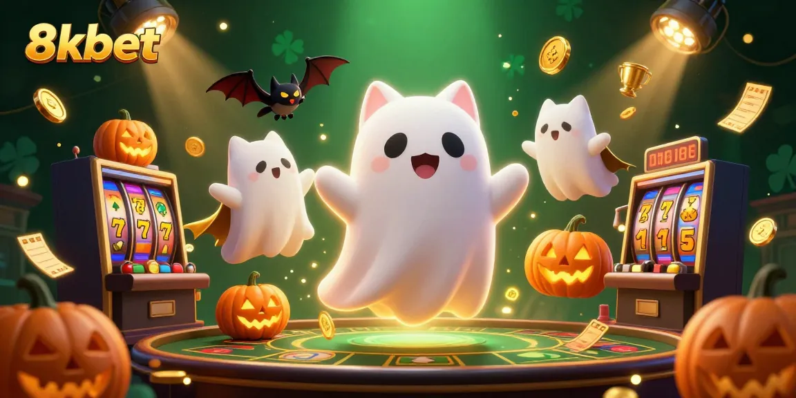 Enjoy thrilling gaming with 8xbet's exciting casino adventures featuring a ghost cat and bat in a vibrant scene.