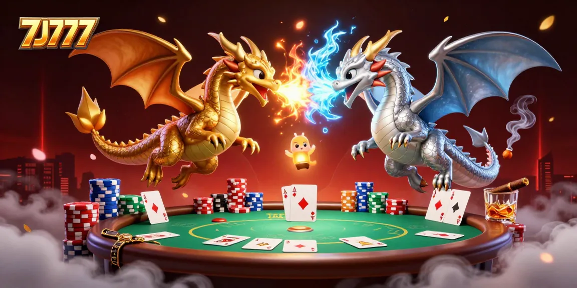 Engage with 7J777 as golden and silver dragons showcase poker excitement in vibrant casino scene.