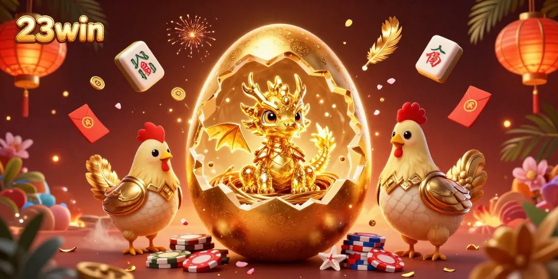 Experience thrilling challenges at 23win with a captivating golden dragon and poker chips.
