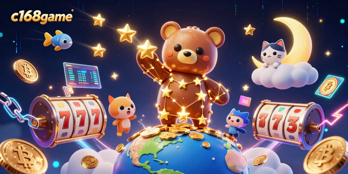 Play and win on c168game with dynamic 3D illustration showcasing slots, coins, and characters.
