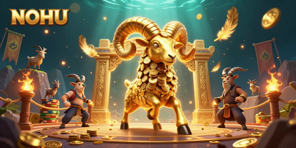 NOHU immerses players in a dynamic gold-filled casino scene featuring a golden ram and vibrant game elements.