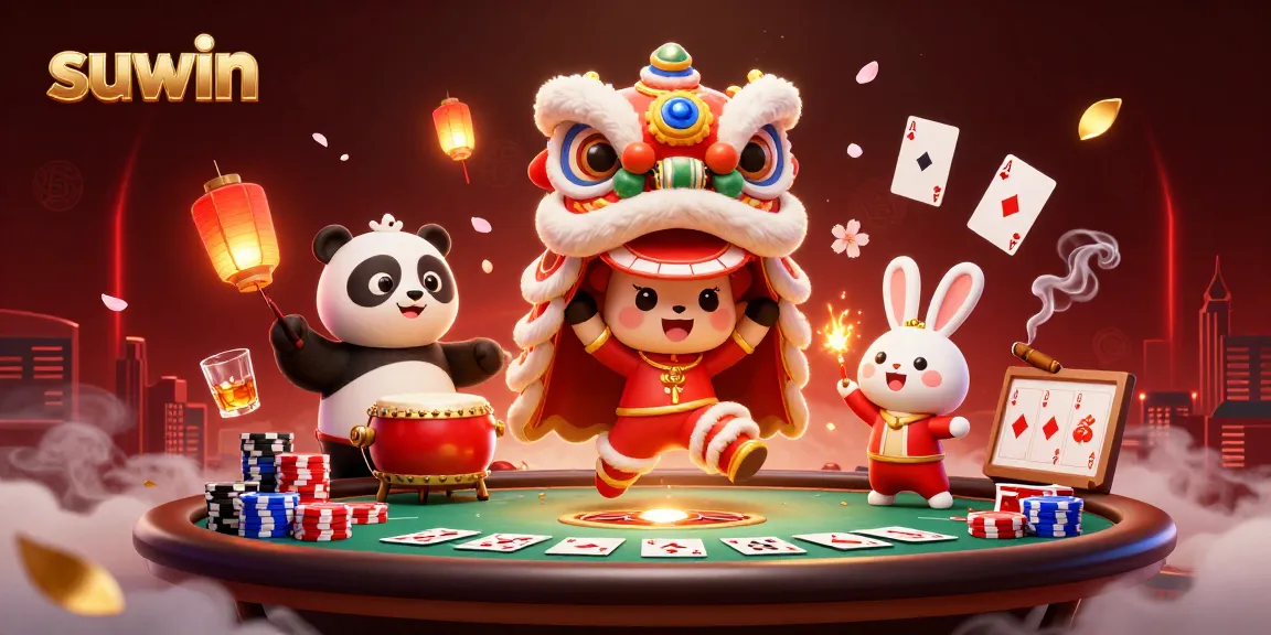 Win with suwin while enjoying a vibrant casino scene filled with lively characters and exciting elements.