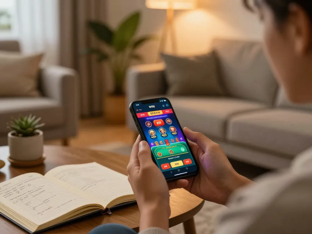 SC88 Vip player enjoying a casino app on smartphone in a cozy living room setting, showcasing responsible gaming.