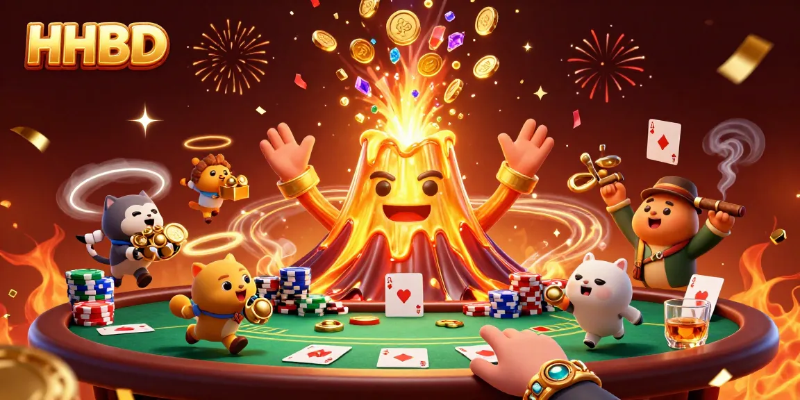Experience the excitement of HHBD with a vibrant casino scene featuring a triumphing volcano and poker elements.