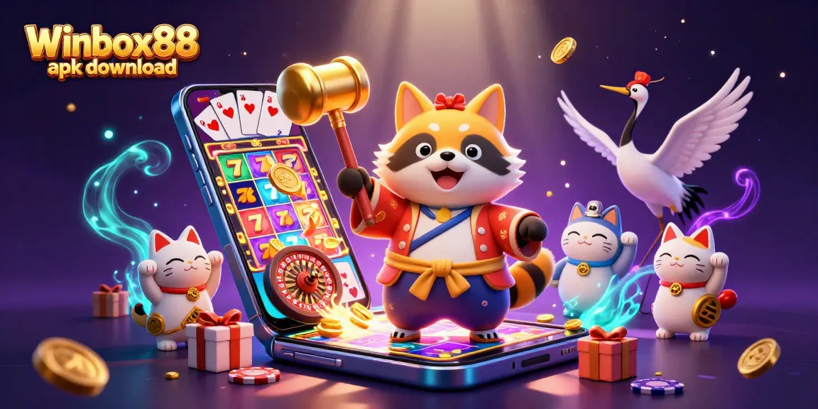 Winbox88 apk download with a cheerful raccoon and fortune cats, showcasing vibrant slot games and casino excitement.