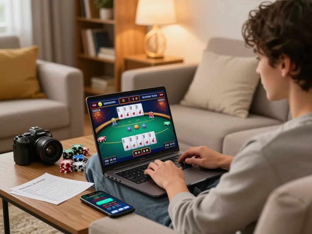 S'engager dans les jeux de casinos en ligne chez soi, en se concentrant sur la stratégie avec un ordinateur portable et des notes visibles.