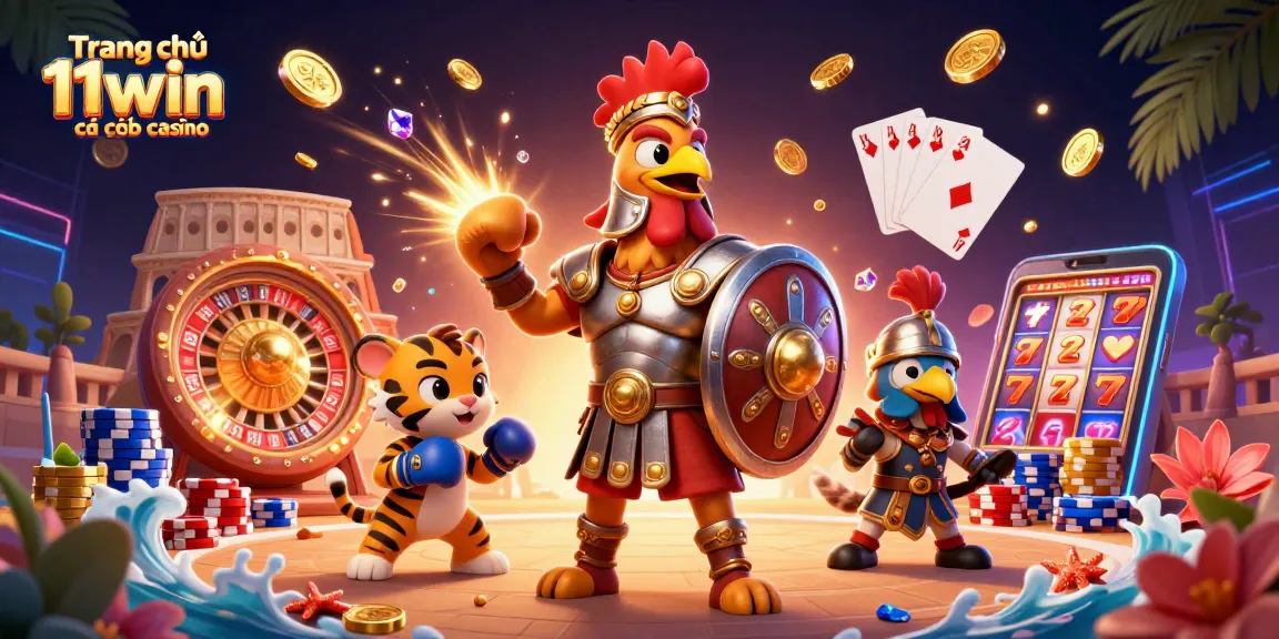Experience exciting gameplay with Trang chủ 11win cá cược casino, featuring a vibrant 3D rooster and casino elements.