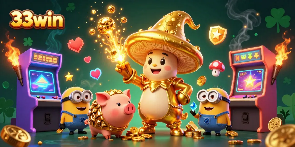 Win big at 33win with magical winnings from a golden mushroom wizard surrounded by treasures.
