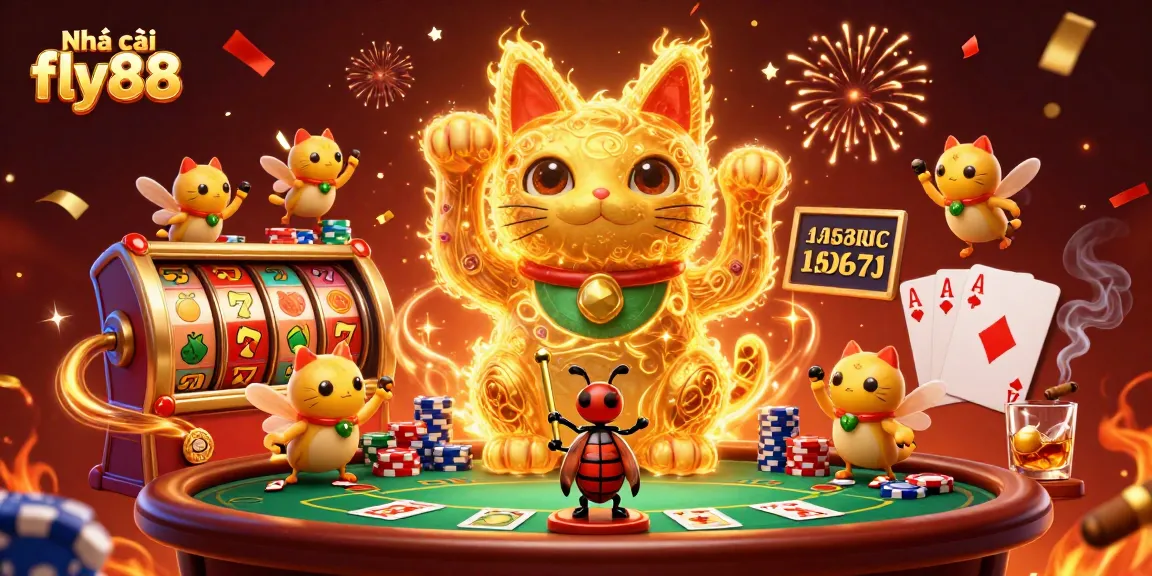 Nhà cái fly88 showcases a vibrant lucky cat and poker scene, capturing casino excitement.