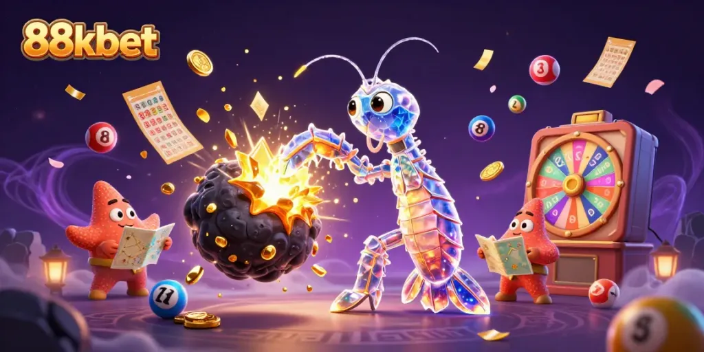 Engage in dynamic gaming excitement with 88kbet, where a galactic mantis shrimp battles for treasures in a vibrant casino scene.