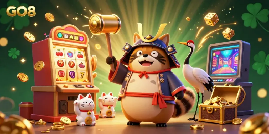 Experience excitement with GO8 in this vibrant casino scene featuring a lucky tanuki, engaging slot machine, and colorful symbols.