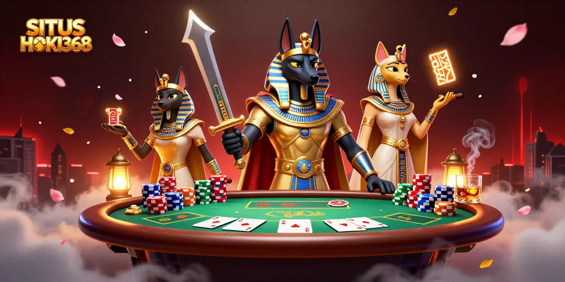 Experience thrilling gaming with SITUS HOKI368 as Anubis and Bastet engage around a vibrant poker scene.