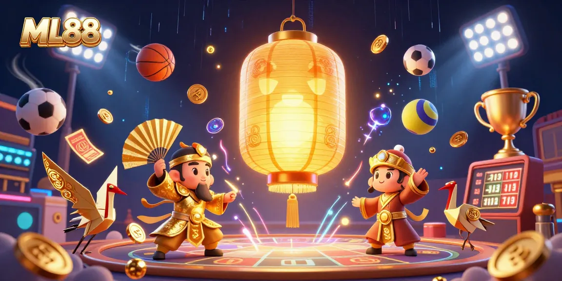 Experience thrilling gameplay at ML88 with a vibrant 3D casino illustration showcasing golden lantern spirits and dynamic sports betting elements.
