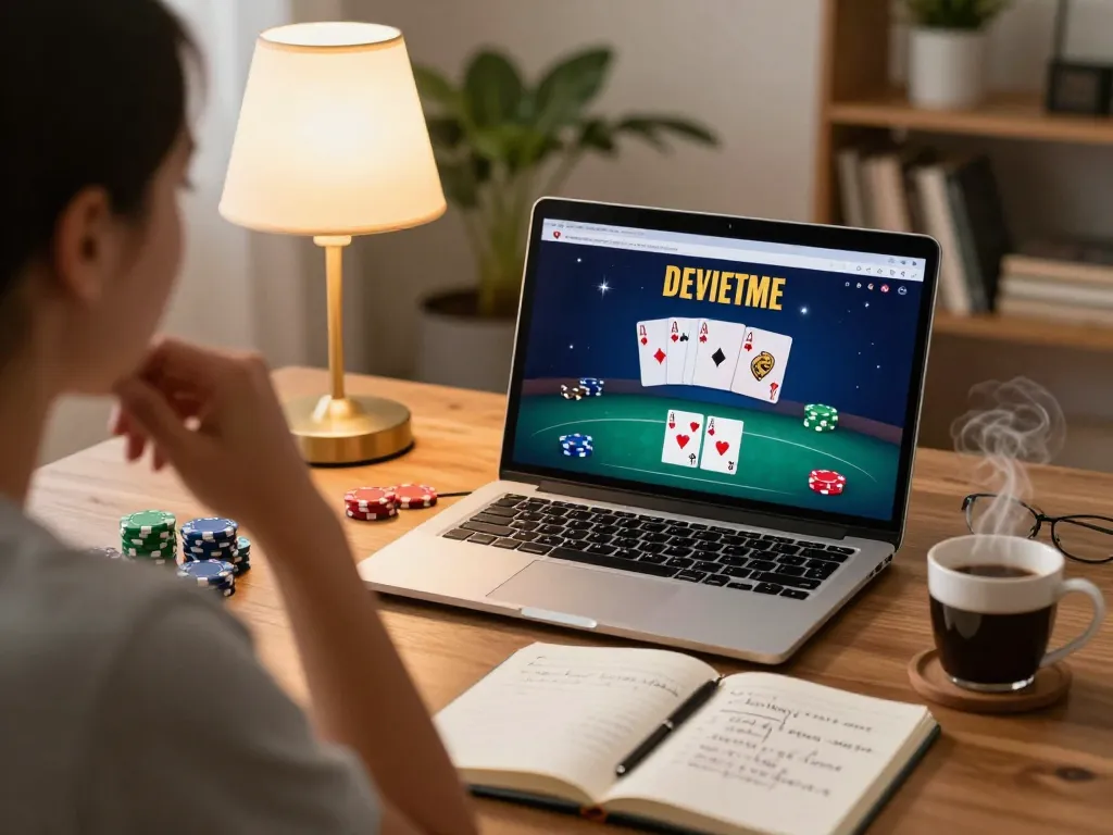 TOPBET online poker gaming setup in a cozy home environment with a player strategizing.