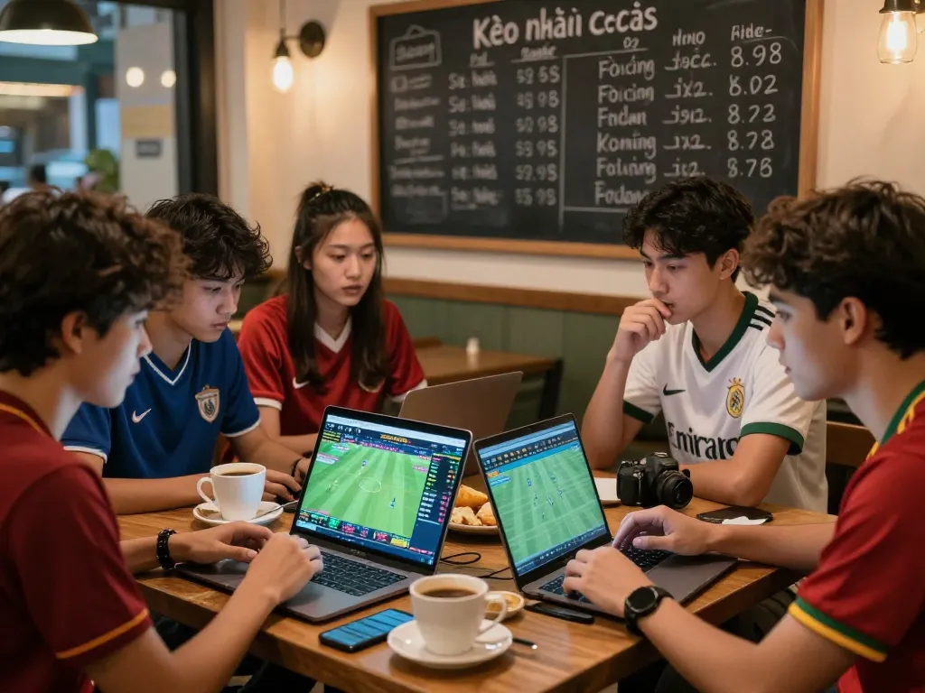 Kèo nhà cái discussed in a vibrant café setting with young adults engaged in sports betting.