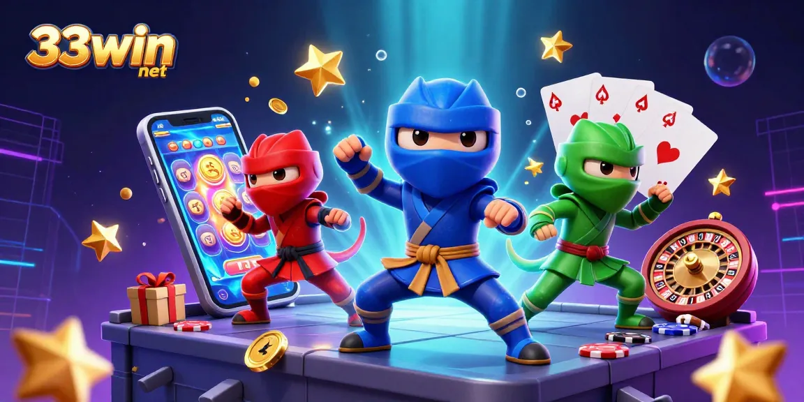 Experience the thrill of 33win net with colorful ninja chameleons amidst casino game elements.