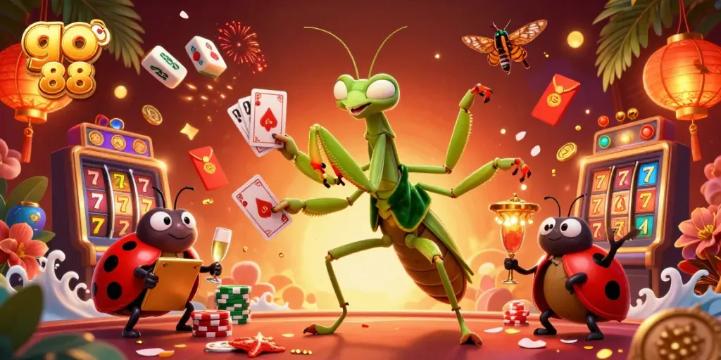 Experience the thrill of go 88 with a 3D cartoon mantis dealer amidst colorful casino elements.