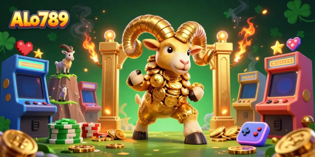 Experience the thrill of ALo789 with a golden ram charging through a vibrant casino-themed scene.