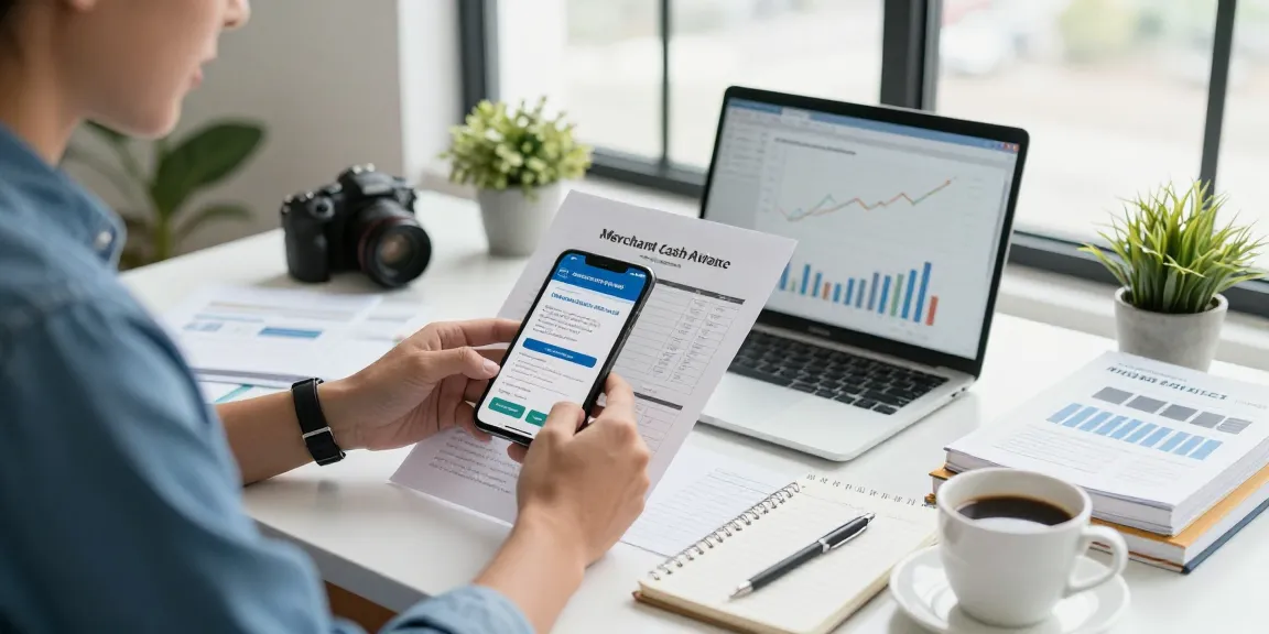 Same day merchant cash advance application in small business owner's workspace with financial documents and a laptop.
