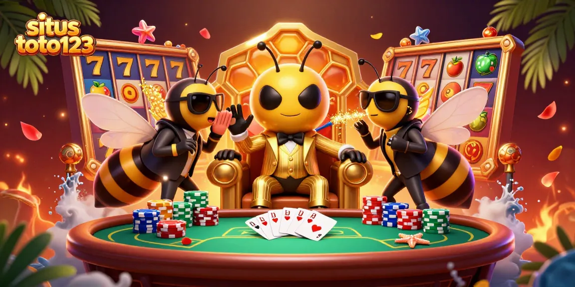 Situs toto123 showcases a vibrant casino scene with a bumblebee mob boss and gaming elements, inviting action and excitement.