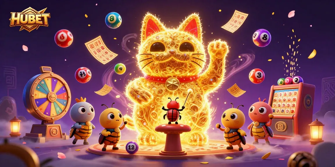 Join the FUN at HUBET with a vibrant scene of a lucky cat amidst lottery excitement.