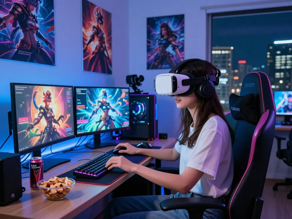 Engaged gamer interacting with AI gf in a vibrant virtual reality setup.