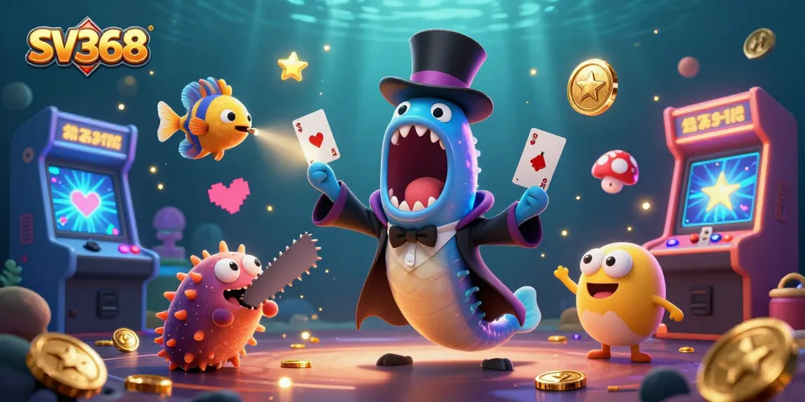 SV368 showcases deep-sea adventure through vibrant, cartoon characters engaging in casino games.