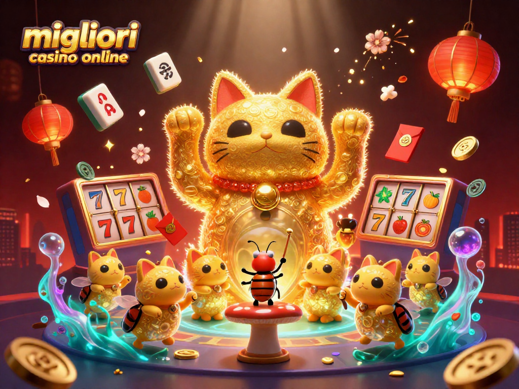 Scopri i migliori casino online con un'illustrazione vivace e simboli fortunati intorno a un gatto fortunato.