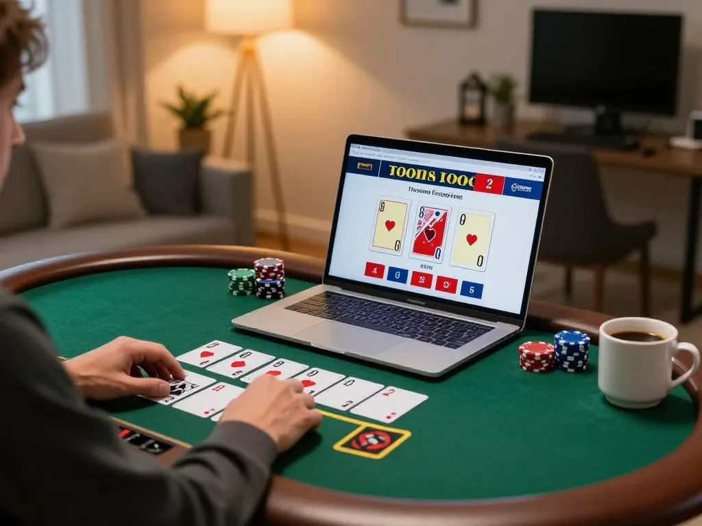 Người chơi LUCK8 đang đặt cược vào blackjack với nhà cái trực tiếp trong một thiết lập casino tại nhà hiện đại