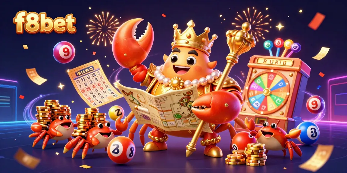 Win big with f8bet in this vibrant 3D illustration of a golden crab emperor ruling the online casino kingdom.