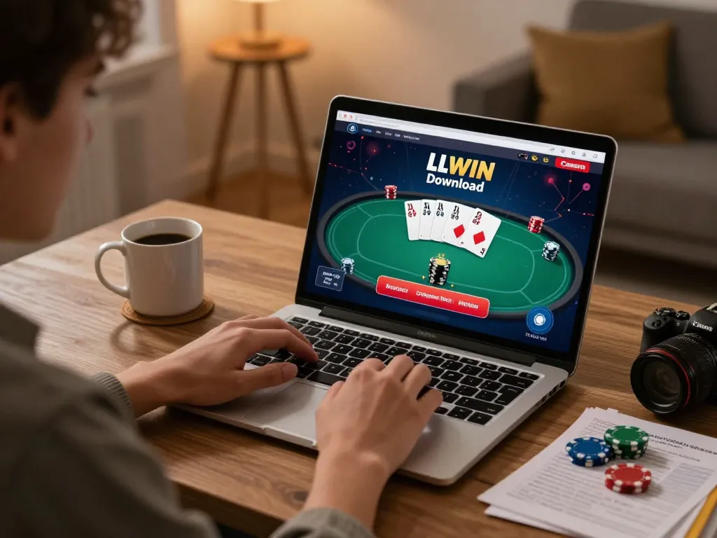 Engaging scene showcasing LLWIN Download on a laptop with poker game interface, highlighting responsible gambling.