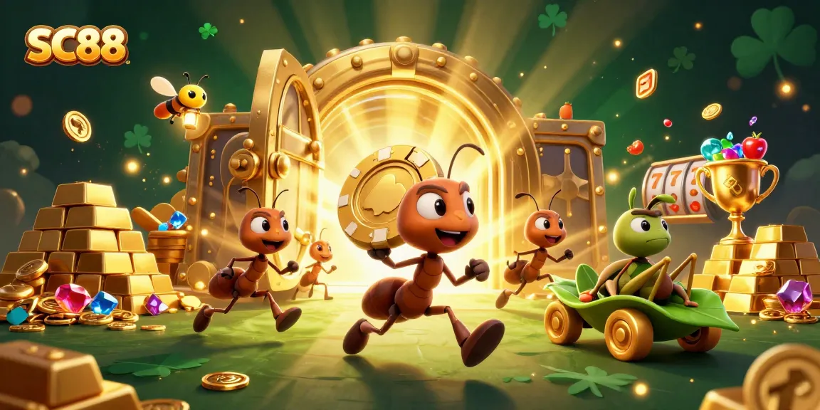 SC88 showcases a team of cartoon ants executing a heist with a giant poker chip amidst sparkling casino elements.