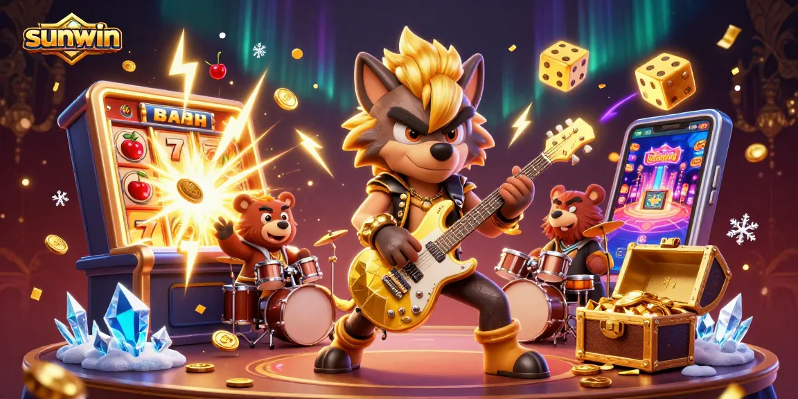 Experience thrilling wins at sunwin with a vibrant casino scene featuring rock star characters and jackpot excitement.