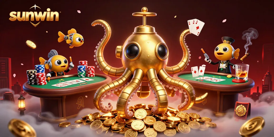 Experience thrilling games at sunwin with a golden kraken submarine amidst poker chips and coins.
