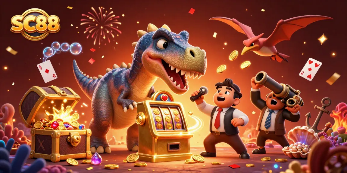 SC88 features a pachycephalosaurus winning a jackpot while a casino manager panics amidst flying coins.