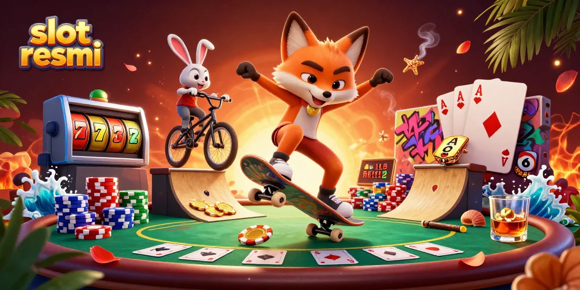 Engage in the thrill of gaming with slot resmi as a fox and rabbit perform tricks amidst a vibrant casino scene.