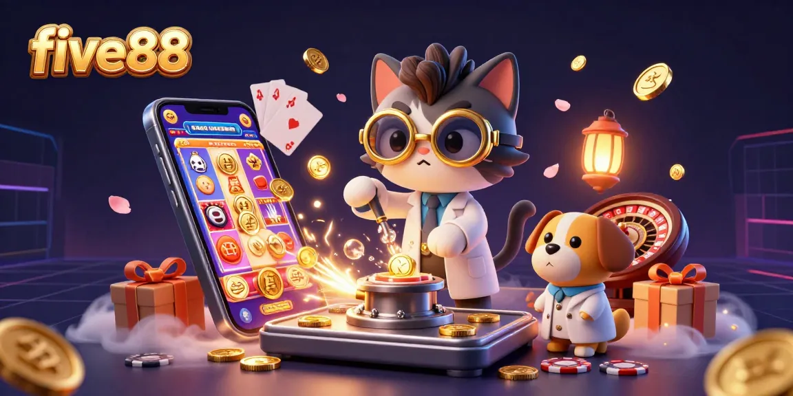 Engage with five88’s thrilling slot experience, featuring a mad scientist cat and dynamic gaming elements.