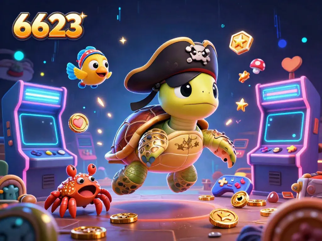 Engaging 6623 gaming scene featuring a turtle, crab, and parrotfish surrounded by vibrant arcade machines.
