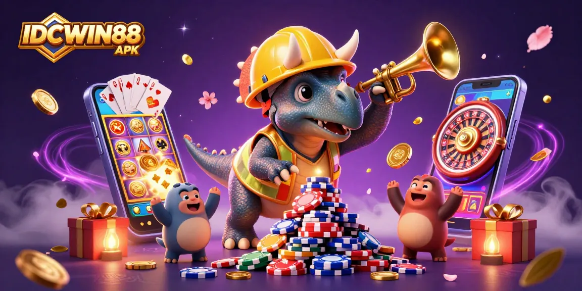 Engage in thrilling gameplay with IDCWIN88 APK, featuring vibrant slot reels and dynamic casino elements.